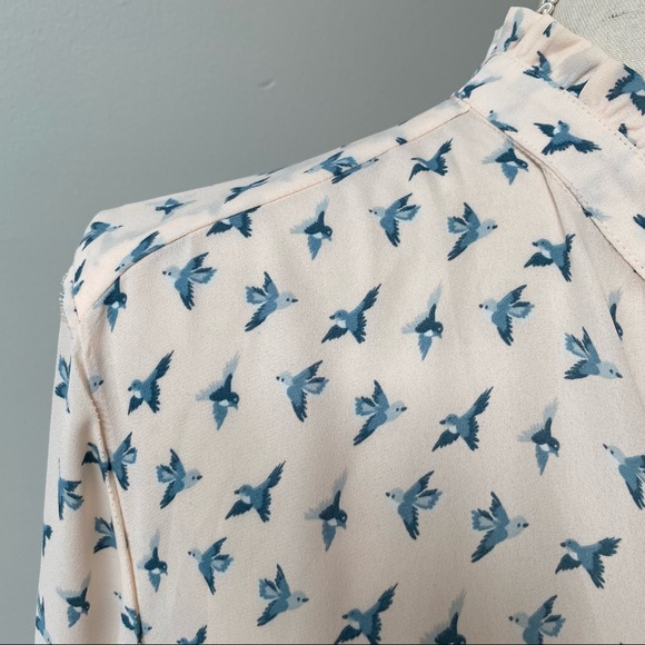 LOFT Bird Print Button Front Ruffle Neck Blouse Light Pink Blue - Picture 4 of 12